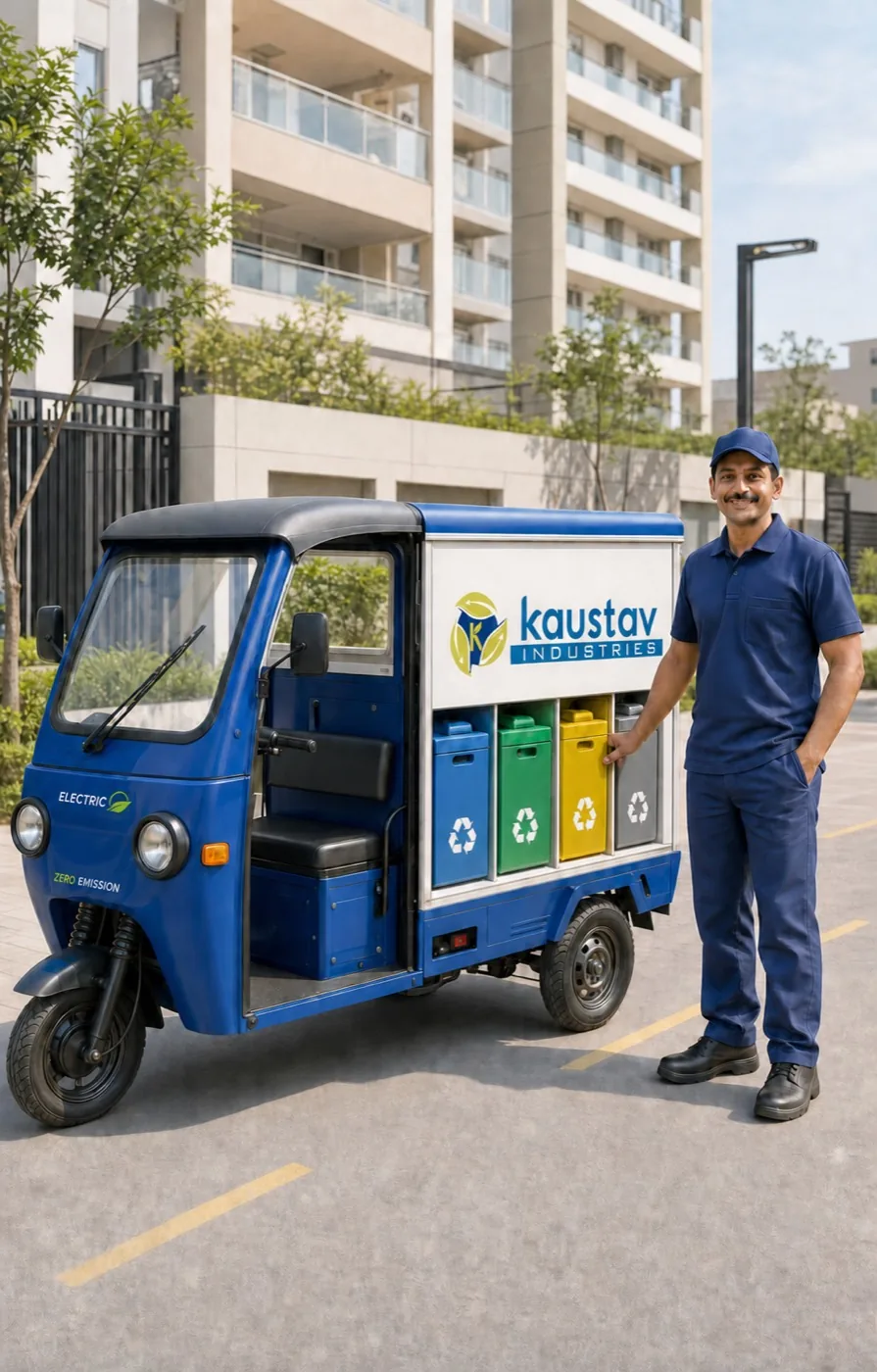 Kaustav Industries collection worker standing beside a branded electric waste rickshaw with segregated recycling compartments